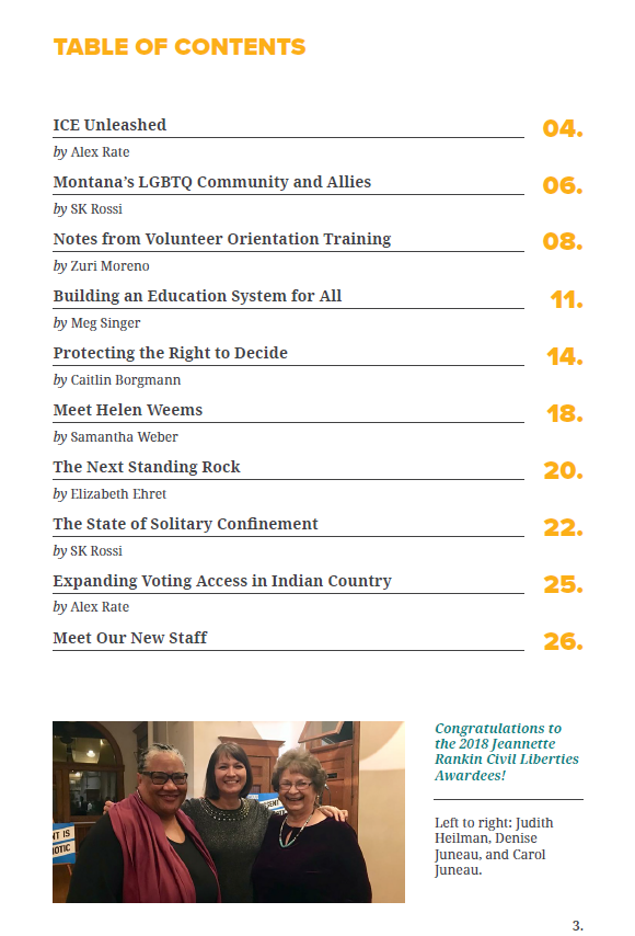 Spring 2018 Newsletter Table of Contents