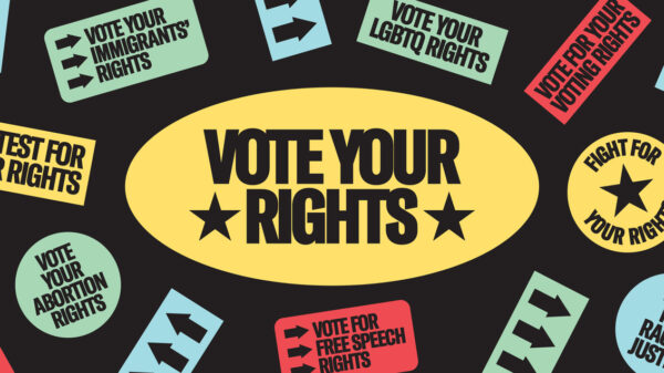 A graphic depicting different colorful stickers. A large one in the middle says VOTE YOUR RIGHTS. Other stickers say VOTE FOR FREE SPEECH RIGHTS, VOTE YOUR LGBTQ RIGHTS, and VOTE FOR IMMIGRANTS' RIGHTS