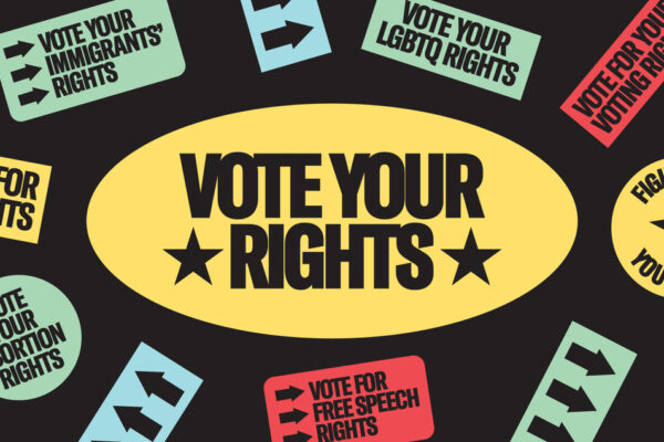 A graphic depicting different colorful stickers. A large one in the middle says VOTE YOUR RIGHTS. Other stickers say VOTE FOR FREE SPEECH RIGHTS, VOTE YOUR LGBTQ RIGHTS, and VOTE FOR IMMIGRANTS' RIGHTS