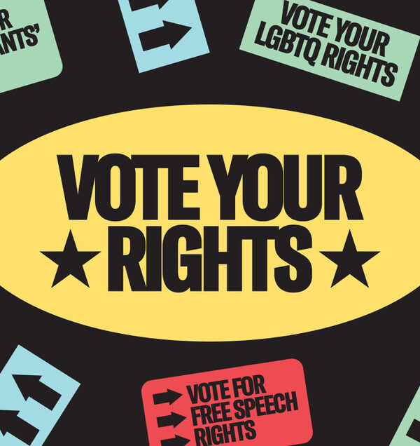 A graphic depicting different colorful stickers. A large one in the middle says VOTE YOUR RIGHTS. Other stickers say VOTE FOR FREE SPEECH RIGHTS, VOTE YOUR LGBTQ RIGHTS, and VOTE FOR IMMIGRANTS' RIGHTS