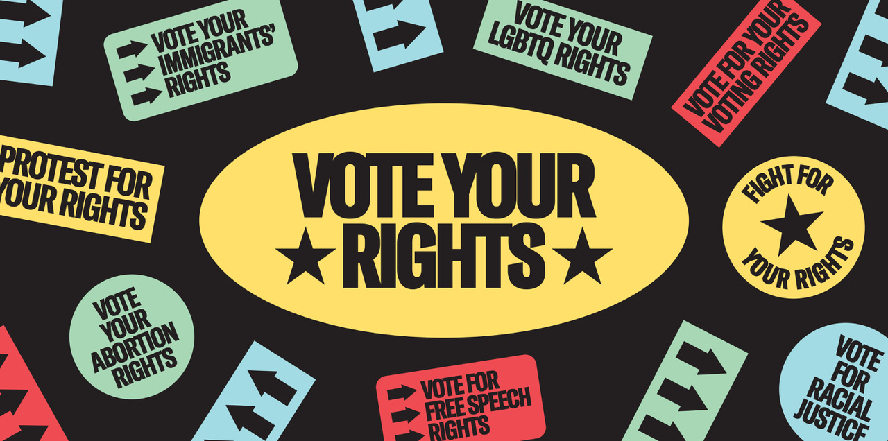 A graphic depicting different colorful stickers. A large one in the middle says VOTE YOUR RIGHTS. Other stickers say VOTE FOR FREE SPEECH RIGHTS, VOTE YOUR LGBTQ RIGHTS, and VOTE FOR IMMIGRANTS' RIGHTS