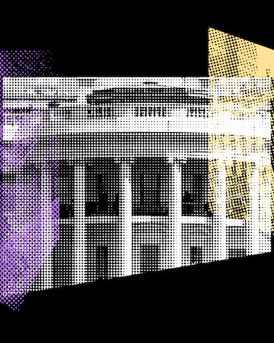 A graphic with a faded image of Donald Trump, the White House, and a text overlay saying, DEMAND JUSTICE, FIGHT HATE