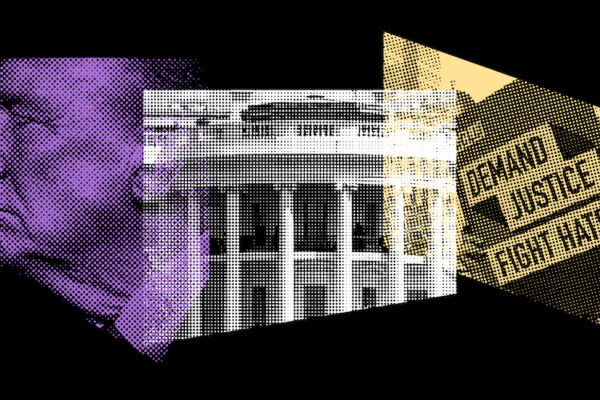 A graphic with a faded image of Donald Trump, the White House, and a text overlay saying, DEMAND JUSTICE, FIGHT HATE