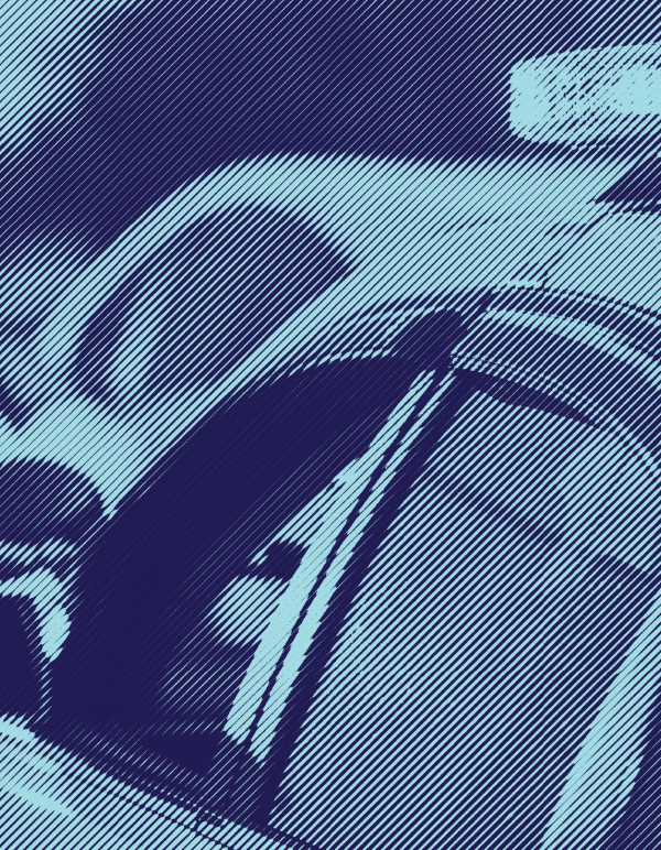 A stylized photograph of a police car in the foreground; the background is an out of focus police officer at the window of a stopped car