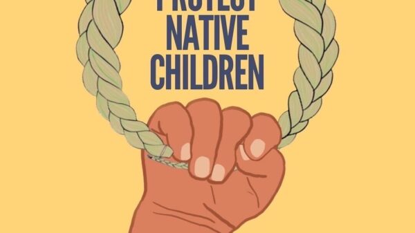 A drawing of a hand holding a braided loop, with the text PROTECT NATIVE CHILDREN