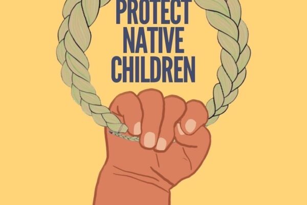 A drawing of a hand holding a braided loop, with the text PROTECT NATIVE CHILDREN