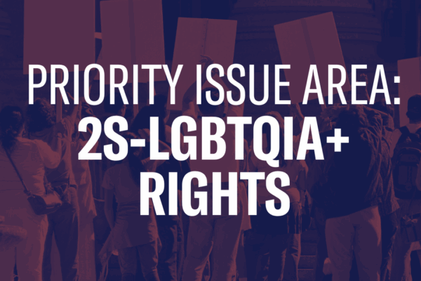 A graphic reading Priority Issue Area: 2s-LGBTQIA+ Rights over a photo of people protesting