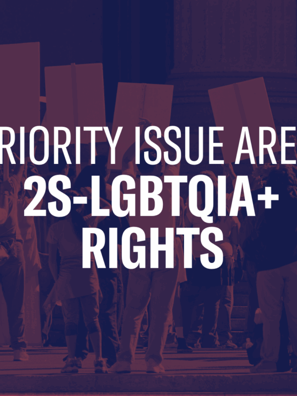 A graphic reading Priority Issue Area: 2s-LGBTQIA+ Rights over a photo of people protesting