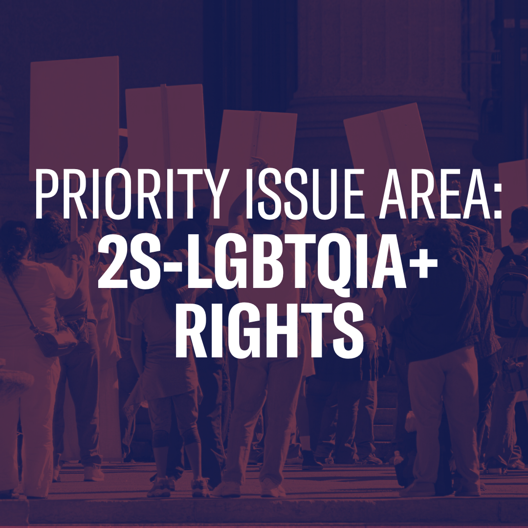 A graphic reading Priority Issue Area: 2s-LGBTQIA+ Rights over a photo of people protesting