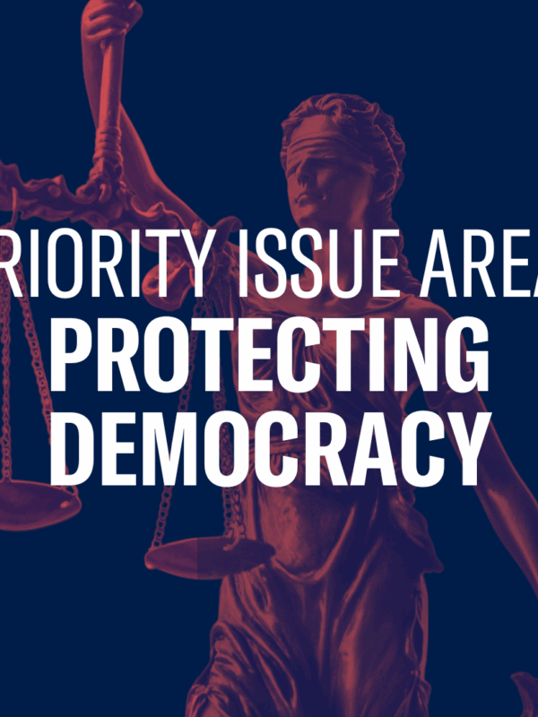 Text reading "Priority Issue Area: Protecting Democracy" over a photo of a statue of justice