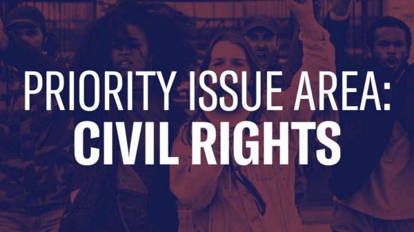 The text Priority Issue Area: Civil Rights overlaid on a photo of people protesting