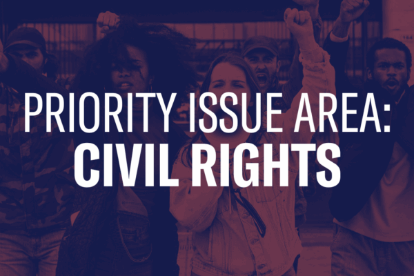 The text Priority Issue Area: Civil Rights overlaid on a photo of people protesting