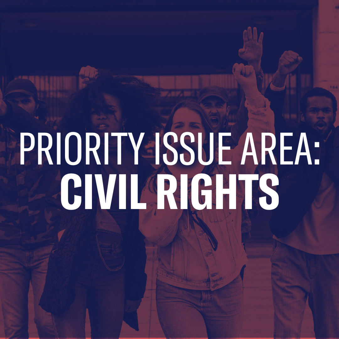 The text Priority Issue Area: Civil Rights overlaid on a photo of people protesting