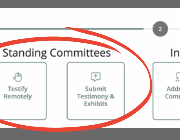 A graphic that reads "participating remotely: during the 2025 regular session, use the Standing Committees and General options to testify, submit comments, and send messages. There is a screenshot of the Public Participation Portal