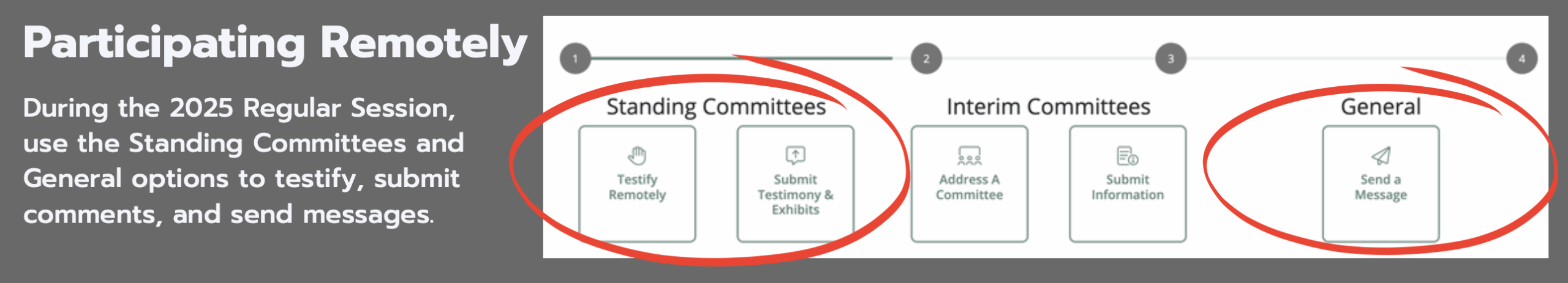 A graphic that reads "participating remotely: during the 2025 regular session, use the Standing Committees and General options to testify, submit comments, and send messages. There is a screenshot of the Public Participation Portal