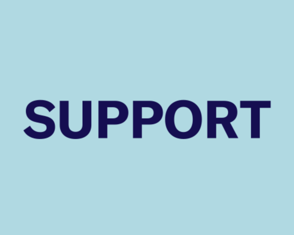 The word SUPPORT written in dark blue letters on a light blue background