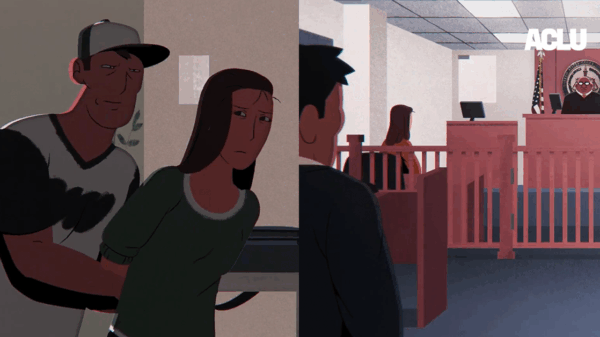 A graphic of an unhappy person being arrested by ICE, and then appearing in court.