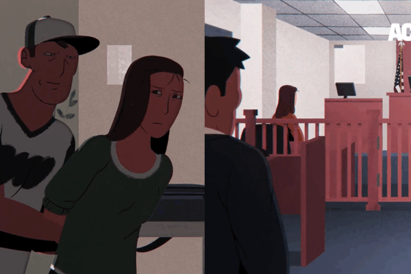 A graphic of an unhappy person being arrested by ICE, and then appearing in court.