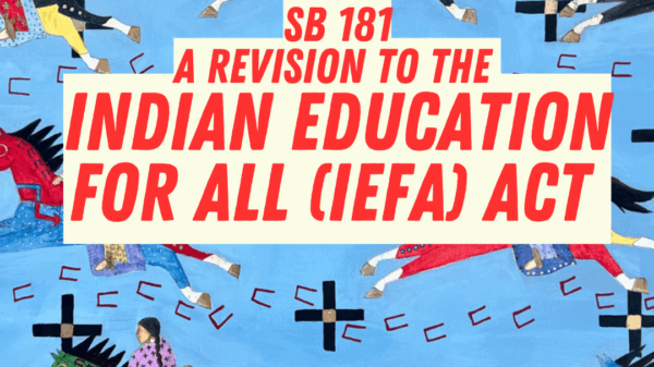Text reading SB 181 a revision to the  Indian Education for All (IEFA) Act on top of the painting Silent Echos: Honoring our Sqelixw Indigenous Woman, by Aspen Decker