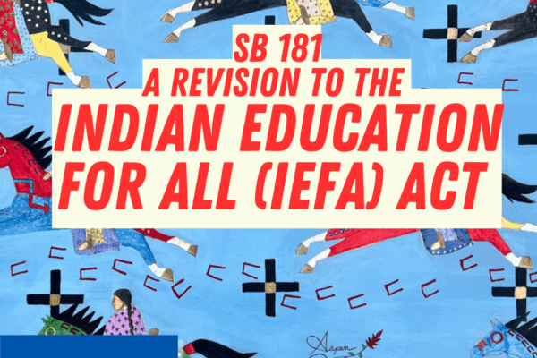 Text reading SB 181 a revision to the  Indian Education for All (IEFA) Act on top of the painting Silent Echos: Honoring our Sqelixw Indigenous Woman, by Aspen Decker