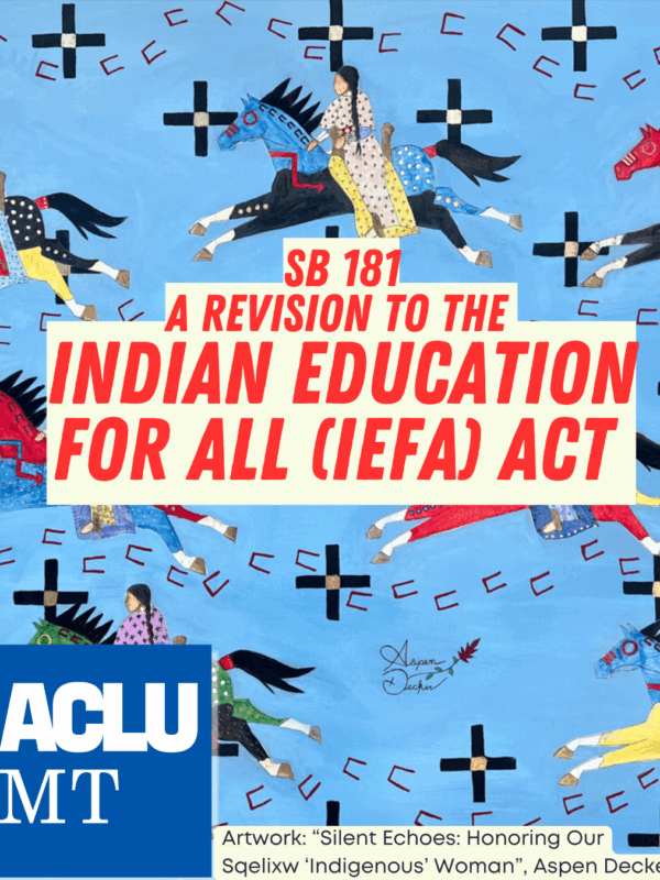Text reading SB 181 a revision to the  Indian Education for All (IEFA) Act on top of the painting Silent Echos: Honoring our Sqelixw Indigenous Woman, by Aspen Decker
