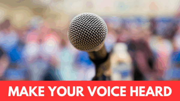 A photo of an empty microphone in front of a crowd of people with the text MAKE YOUR VOICE HEARD and the ACLU of Montana logo