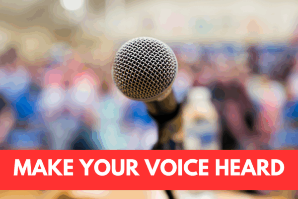A photo of an empty microphone in front of a crowd of people with the text MAKE YOUR VOICE HEARD and the ACLU of Montana logo