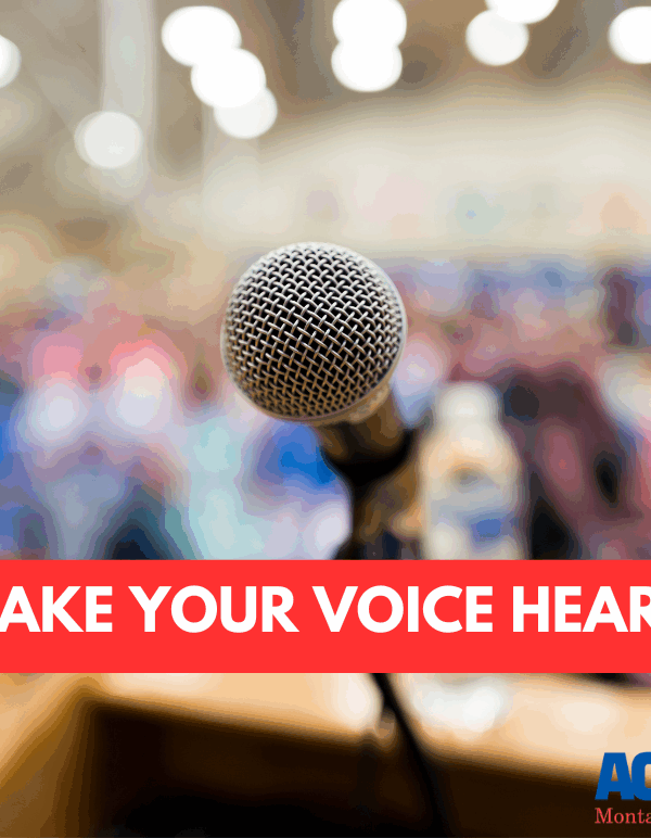 A photo of an empty microphone in front of a crowd of people with the text MAKE YOUR VOICE HEARD and the ACLU of Montana logo