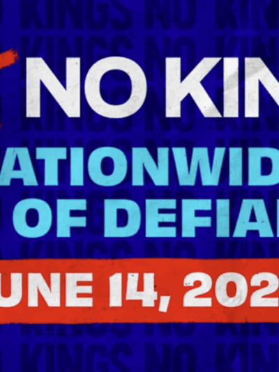 A graphic with the text NO KINGS: Nationwide Day of Defiance, June 14, 2025.