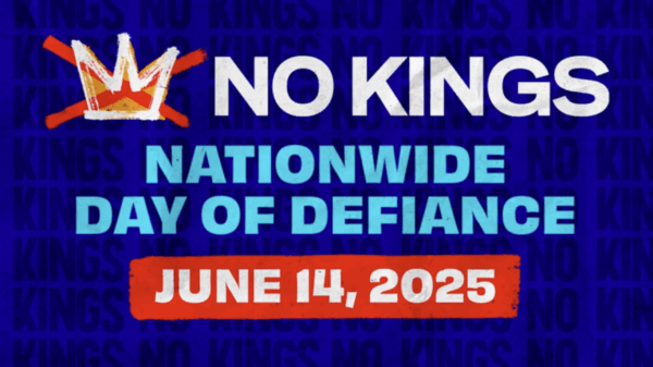 A graphic with the text NO KINGS: Nationwide Day of Defiance, June 14, 2025.