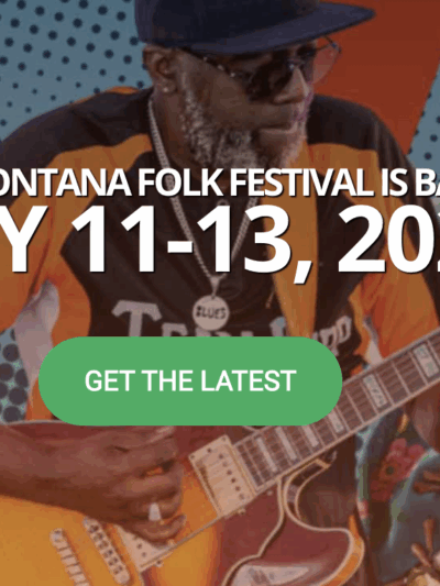 A graphic with dancers and musicians with text reading the Montana Folk Festival is back July 11-13, 2025
