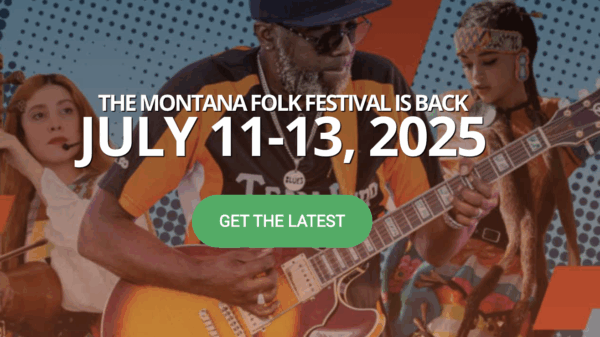 A graphic with dancers and musicians with text reading the Montana Folk Festival is back July 11-13, 2025