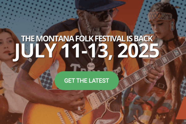 A graphic with dancers and musicians with text reading the Montana Folk Festival is back July 11-13, 2025