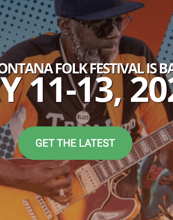 A graphic with dancers and musicians with text reading the Montana Folk Festival is back July 11-13, 2025