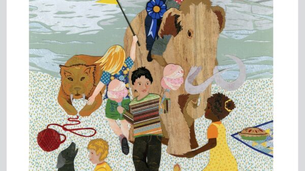 A poster reading Lake Bottom Bash: Western Montana Fair, Aug 5-10, with a drawing of a multiracial group of children riding a woolly mammoth and doing fair activities like seeing livestock