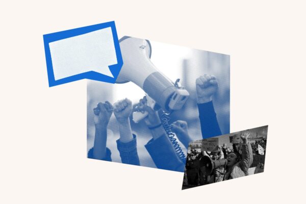 A graphic of upheld hands holding a megaphone with a speech bubble and a photo of people protesting