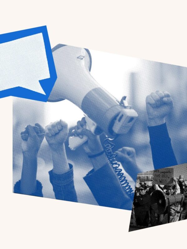 A graphic of upheld hands holding a megaphone with a speech bubble and a photo of people protesting