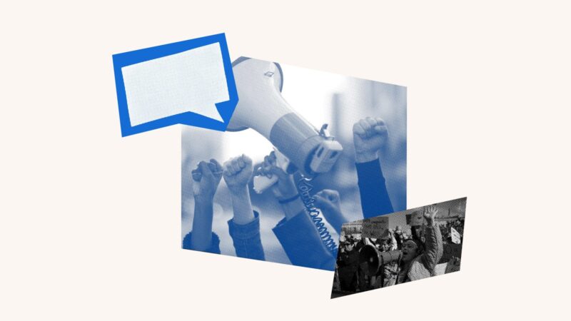 A graphic of upheld hands holding a megaphone with a speech bubble and a photo of people protesting