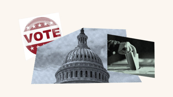 A graphic with a button that says VOTE, a photo of a capitol building, and a hand putting a ballot into a ballot box