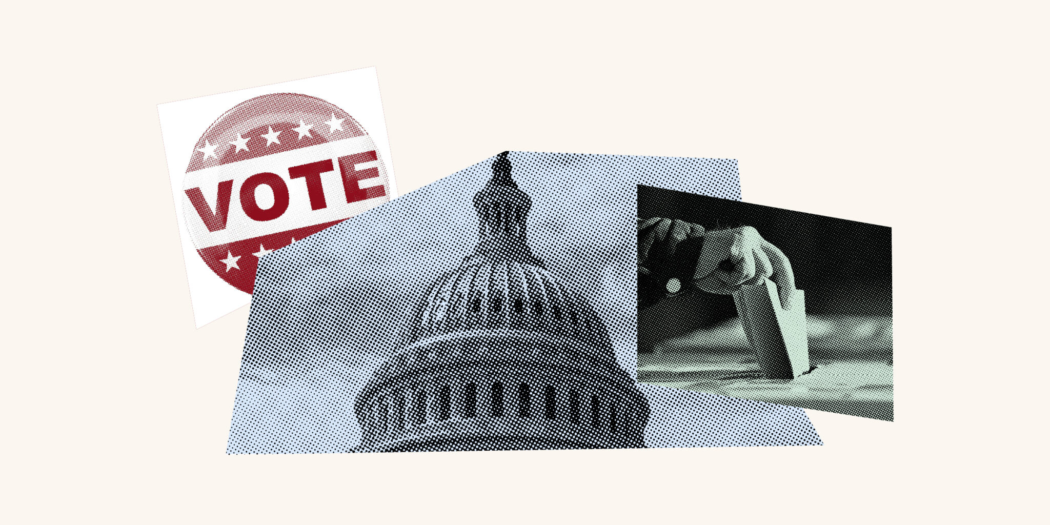 A graphic with a button that says VOTE, a photo of a capitol building, and a hand putting a ballot into a ballot box