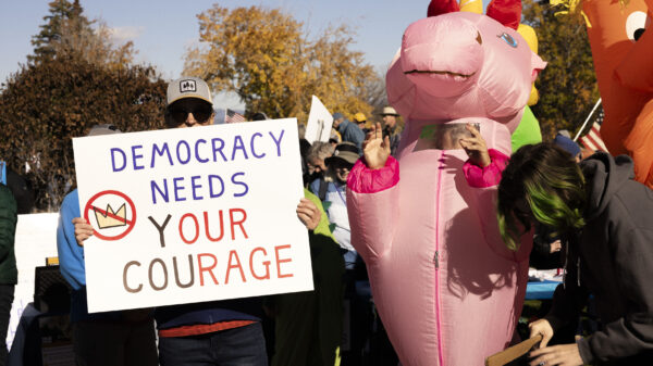 Someone holding a handmade sign reading "democracy needs your courage"