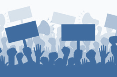 illustration of protestors holding signs and waving hands in the air