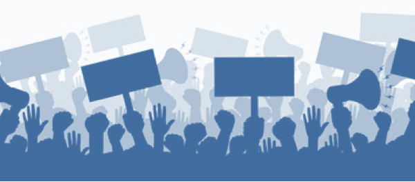 illustration of protestors holding signs and waving hands in the air