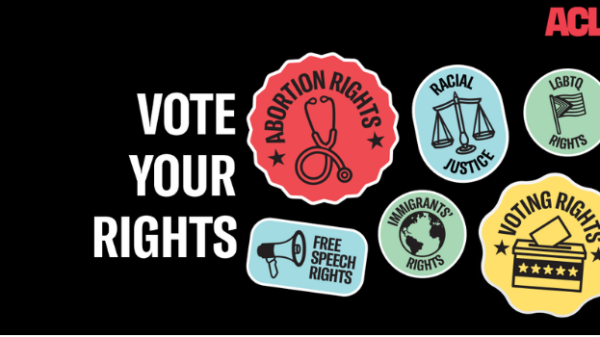 A graphic reading Vote Your Rights with stickers reading Abortion Rights, Racial Justice, LGBTQ Rights, Free Speech Rights, Immigrant Rights, and Voting Rights