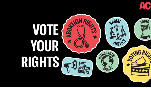 A graphic reading Vote Your Rights with stickers reading Abortion Rights, Racial Justice, LGBTQ Rights, Free Speech Rights, Immigrant Rights, and Voting Rights